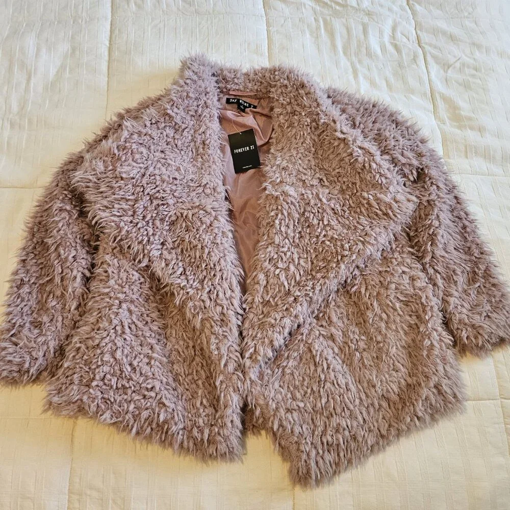Forever 21 "Say What" Pink Faux Fur Shaggy Jacket - Size Small - Picture 5 of 10